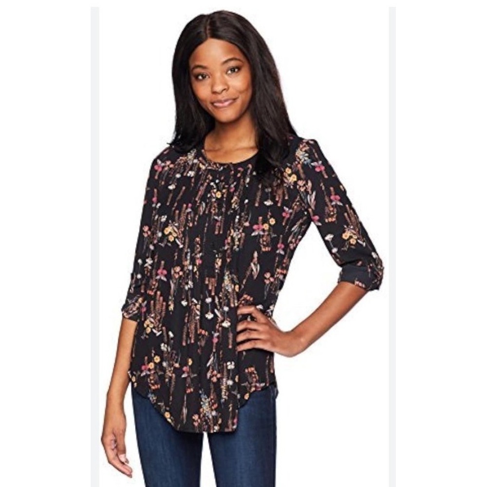 Daniel Rainn Top Womens Small Floral Popover Blouse 3/4 Roll Tab Sleeve Black NW